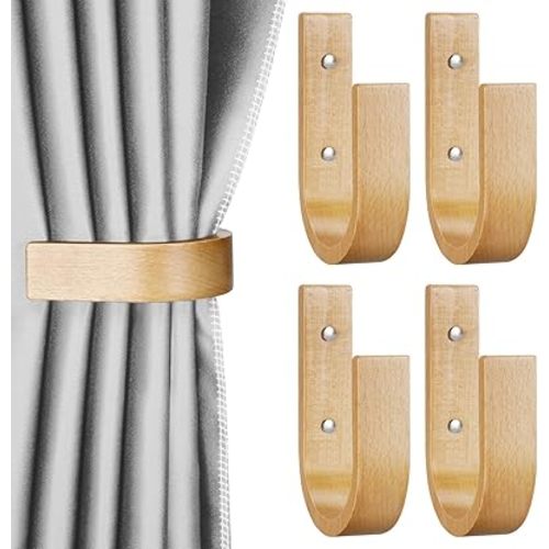 4 Pcs Curtain Tiebacks Wood Holdbacks Wooden Curtain Hooks U Shaped Holders Wall Mount Pullbacks for Home Outdoor Decor(Wood Color)
