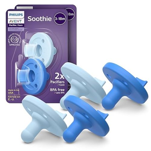 Philips Avent Soothie Baby Pacifiers - 100% Silicone Pacifiers for Babies 3-18 Months, One-piece Design, BPA-Free, Extra Durable, Sky Blue and Light Blue, 4 Pack, Model SCF192/71