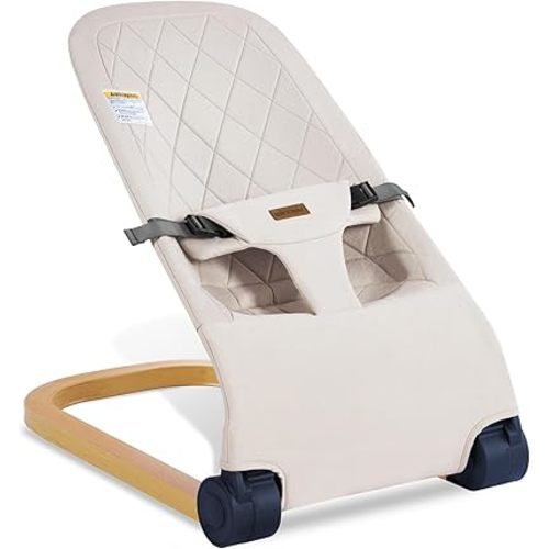 Baby Bouncer,Portable Baby Bouncer seat for Babies Newborn Bouncer Seat with 3-Point Harness.Ergonomic Design Infants Bouncy seat with Cotton Fabric Wood Grain,Natural Vibrations (Beige)