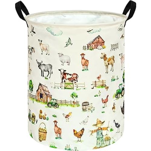 19.7 Inch Farm Pattern Round Kids Round Laundry Clothes Hamper Dino Laundry Basket with Handles,Baby Toys Storage Organizer Bins Laundry Gift Basket for Boys and Girls Room, Bedroom Decor