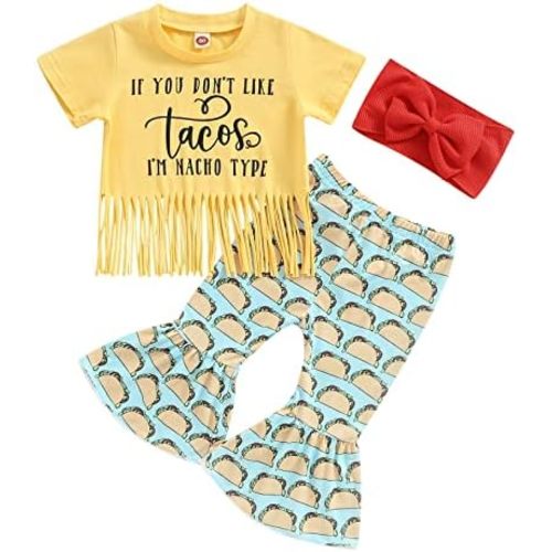 Emmababy Western Baby Girl Clothes Cow Outfits Toddler Bell Bottoms Letter Print Short Sleeve Shirt Floral Flare Pants Set