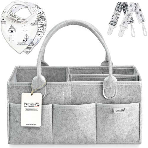 Putska Baby Diaper Caddy Set - Includes a Baby Diaper caddy, 2 pacifier clips + 2 bandana bibs