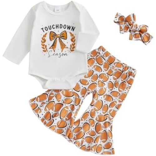 Bagilaanoe 3pcs Fall Outfit Infant Baby Girl Clothes Long Sleeve Romper Flared Pants Headband Rugby Football Outfit Set