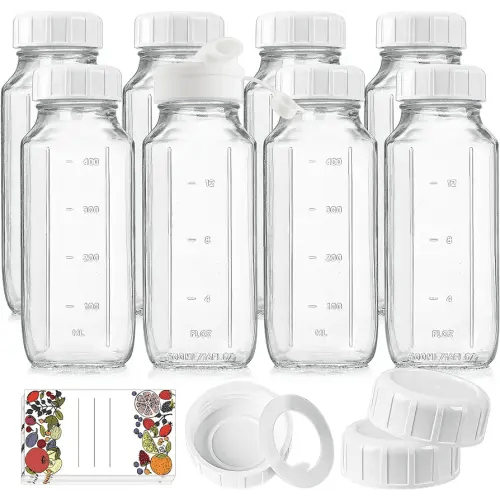 8 Pack 16 Oz Reusable Glass Milk Bottles w 100% Airtight Heavy Duty SCREW Lid w Silicone Gasket - Glass Juice Bottles w Capacity Mark - Glass Beverage Drinking Jar Juice Container(Extra 2 Lid)