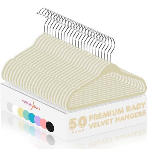 HOUSE DAY Velvet Baby Hangers 50 Pack, Premium Children's Hangers for Baby, Infant & Toddler Clothes, Durable Non Slip Baby Felt Hangers Beige, 11 Inch Baby Hangers for Closet, Ideal for Everyday Use