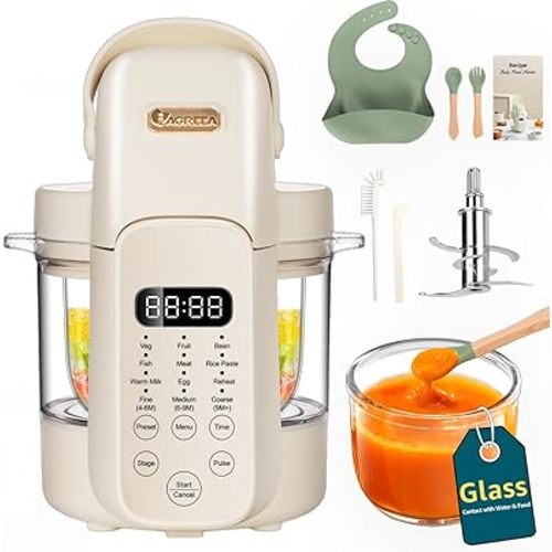 IAGREEA Glass Baby Food Maker, One Step Baby Food Processor Steamer Puree Blender Grinder Mills Machine, Auto Cooking & Grinding for Healthy Homemade Baby Food with 3 Age Stages, BPA-Free