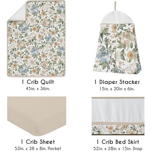 Sweet Jojo Designs 4-Piece Baby Crib Bedding Set (Blue Boho Vintage Floral) for Girls, Infants/Nursery incl. Blanket, Fitted Sheet, Skirt, Diaper Stacker (Shabby Chic Rose, Daisy, Bohemian Wildflower)
