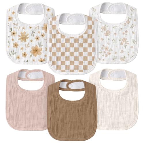 GLLQUEN BABY Muslin Drool Bibs for Boys Girls 6 Pack, Adjustable Baby Bibs for Drooling and Teething, Soft Cotton Baby Bandana Bib for Newborn Feeding Essentials (Autumn Flora)