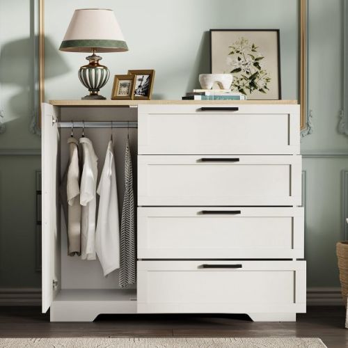 Wood Armoire Wardrobe Closet Cabinet with 4 Drawers Door and Hanging Rod