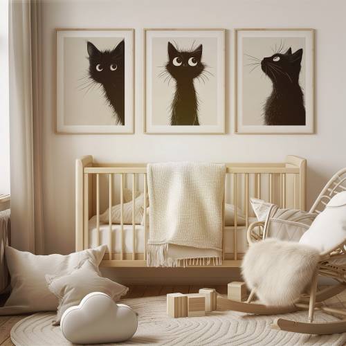 Kids room decor set of 3 prints black cat nursery wall art PRINTABLE set of 3 peeping cats room wall art DIGITAL DOWNLOAD Gender nuteral art
