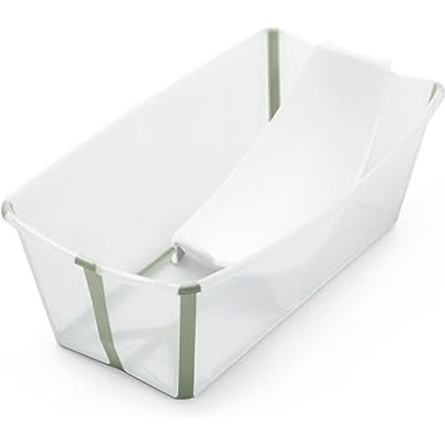 Stokke Flexi Bath Bundle, Transparent Green - Foldable Baby Bathtub + Newborn Support - Durable & Easy to Store - Convenient to Use at Home or Traveling - Best for Newborns & Babies Up to 48 Months