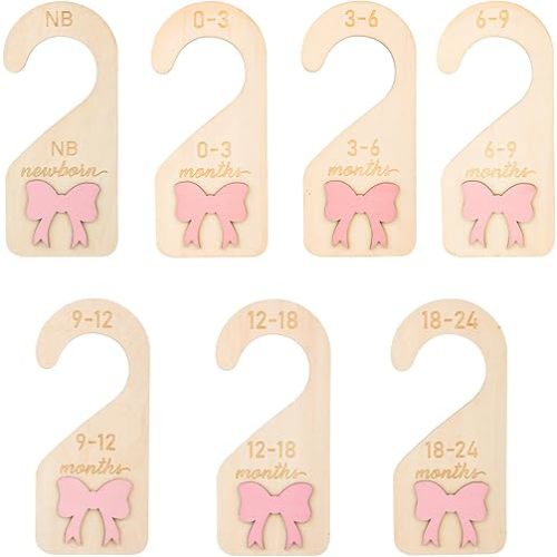 7pcs Baby Closet Dividers, Double-Sided Baby Wardrobe Organizer 3D Pink Bow Wooden Infant Clothes Size Dividers Hanger Organization for Girl Boy Newborn to 24 Months Nursery Decor