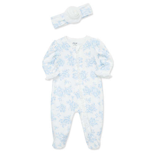 (newborn) Blue Roses Footed One-Piece And Headband