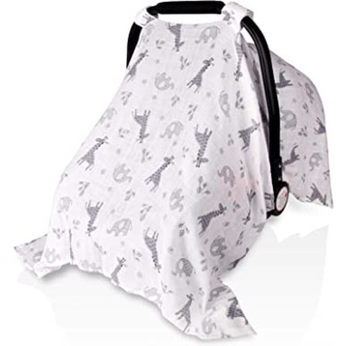 Baby Car Seat Covers for Boys Girls, Metplus Muslin Infant Carseat Canopy, Lightweight Breathable Newborn Carrier Canopies Stroller Cover, Universal Fit Large Size 47.2 x 35.4 inch, Elephant Giraffe