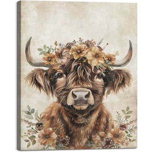 Baby Plum Highland Cow Wall Art Rustic Long Haired Scottish Cow with Flowers Canvas Poster Print Cute Animal Picture Wood Framed Brown Cattle Painting for Farmhouse Nursery Office Home Decor 12"x16"