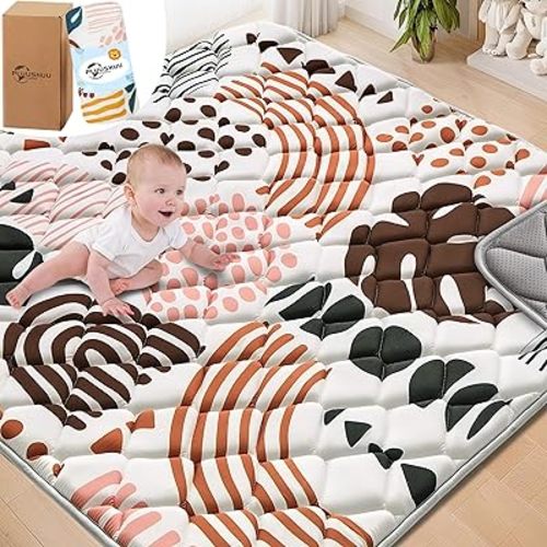 Baby Play Mats for Floor, 50x50 Playpen Mat for Babies, Extra Thicker & Soft Floor Crawling Mat, Foldable Non-Slip Playmat for Infants Toddlers, Boho Leaf Dark Brown