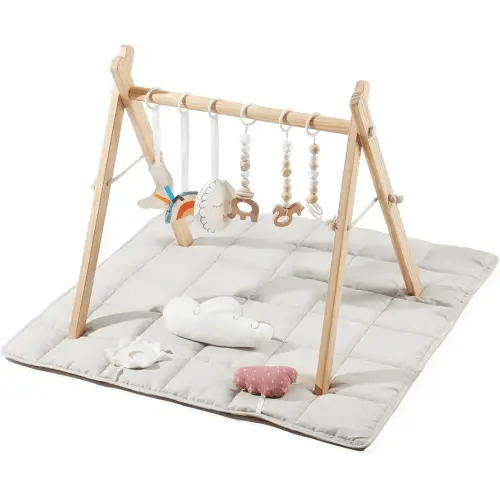 Baby Play Gym with Mat, Wooden Play Gym with 9 Sensory Toys, Baby Activity Center‌ for ‌Infant Motor Development‌, Natural Pine Wood, ‌Easy to Assemble & Clean‌, Montessori Toys, Natural Color