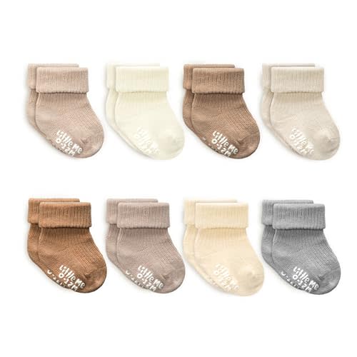 Little Me Baby Socks 16 Pairs | 61% Organic Cotton | Sizes 0-12M & 12-24M | Seamless Toe & Anti-Slip Gripper Sole