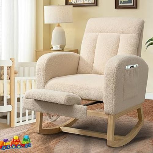 Nursery Rocking Chair with Adjustable Footrest for Living Room,Modern Upholstered Nursery Glider Rocker Indoor Baby Room,Comfy Lounge Armchair with Wooden Legs Side Pocket High Backrest,Beige