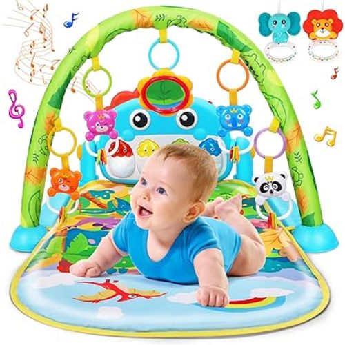 UMIKU Baby Gym Play Mats Baby Toys Tummy Time Mat Musical Activity Center for Newborn Infant Piano Babies Play Mat Music & Light Newborn Infant Gifts for Babies 0-3 6 9 12 Months Dinosaur Style