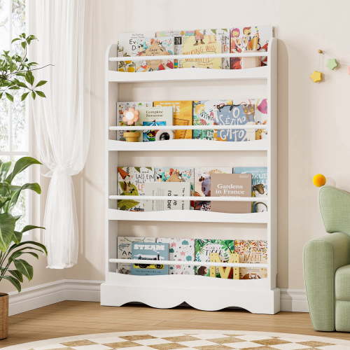 Homfa 4-Tier Kids Bookshelf, Wall Mounted Book Display Shelf for Children's Study Room, Bedroom, White Finish
