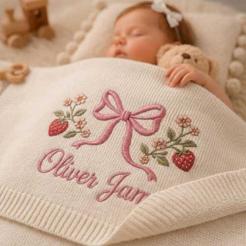 Embroidered Custom Name Strawberry Blanket, Personalized Baby Blanket, Pink Bow Newborn Gift for Girl, Soft Knit Keepsake