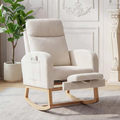 Modern Nursery Rocking Chair, Upholstered Glider Rocker with Foot Rest & Side Pockets, High Backrest Padded Accent Armchair, Recliner Chair