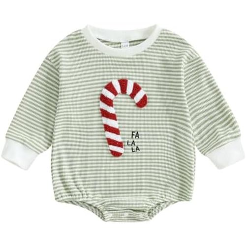 Karuedoo Newborn Baby Boy Girl Christmas Outfit Embroidery Striped Waffle Knit Long Sleeve Bubble Romper Winter Clothes