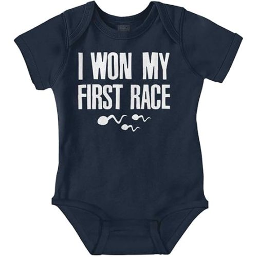 Brisco Brands Funny I Won My First Race Joke Baby Romper Boys or Girls