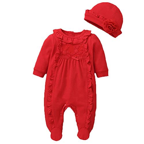 Infant Baby Girl Ruffled Cotton Footies Footed Overall Romper with Hat Toddler Baby Footed Jumpsuit