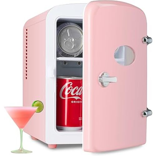 HealSmart Mini Fridge with Observation Window 4L/6 Can Portable Warmer & Cooler Compact Refrigerator, 100% Eco Friendly and Freon-Free, Pink