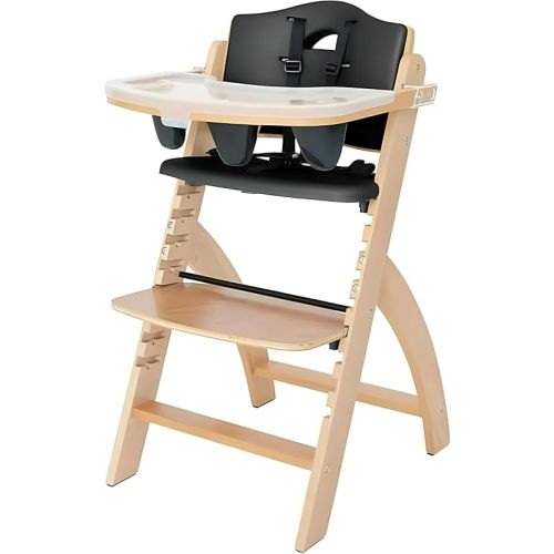 Abiie Beyond Junior Wooden High Chair with Tray - Adjustable and Convertible High Chair for Babies and Toddlers - 6 Months to 250 Lb - Water Resistant - Natural Wood/Black Pearl Cushion