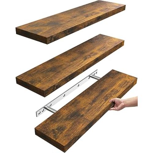 BAYKA Floating Shelves for Wall, 22.5 inches Wall Mounted Rustic Wood Shelves for Bathroom, Bedroom, Living Room, Floating Shelves for Books/Storage/Decor(Rustic Brown,Set of 3)