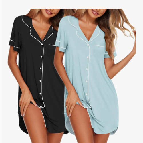 Ekouaer Nightgowns for Women 2 Pack Button Down Sleepwear Short Sleeve Sleepshirts Soft Nightshirts Boyfriend Pajama Dress