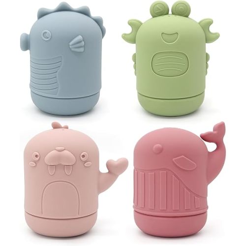 PandaEar 4 Pack Silicone Bath Toys for Babies 0-6 6-12 Months, Mold Free Bathtub Toys for Toddlers Kids Infant, Non Toxic Swimming Shower Toys for Toddlers 1-3 (A)