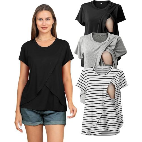 Rnxrbb 3 Pack Women's Nursing Tops for Breastfeeding Summer Short Sleeve T Shirts Postpartum Double Layer Clothes