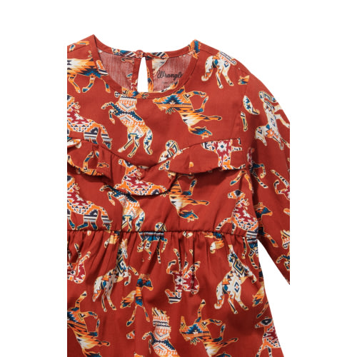 Wrangler Infant Girl's Dark Red-Orange Aztec Horse Print Long Sleeve Dress