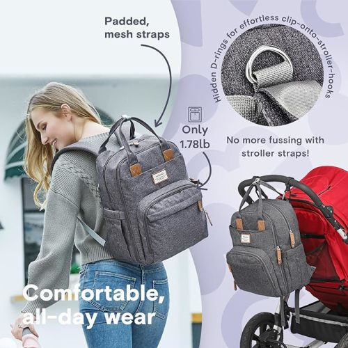RUVALINO Diaper Bag Backpack, Multifunction Travel Back Pack Maternity Baby Changing Bags, Diaper Changing Totes, Waterproof and Stylish, Dark Gray