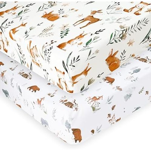 PHF Soft Crib Sheet Fitted, 2 Pack Baby Sheets for Boys Girls, 28x52x9in Fits Standard Crib and Toddler Mattresses, Silky Comfy Breathable Polyester Baby Mattress Sheets, Woodland