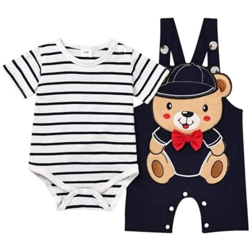 Baby Boy Clothes Newborn Outfits Stripe Romper Infant Cartoon Overall Adjustable Suspender Pants Set 0-18 Months