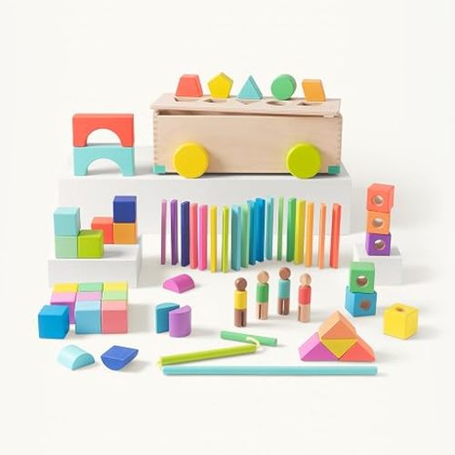LOVEVERY | The Block Set | Solid Wood Building Blocks and Shapes + Wooden Storage Box, 70 Pieces, 18 Colors, 20+ Activities, Toddler Block Set and Converts into a Pull Car, Ages 12 to 48+ months