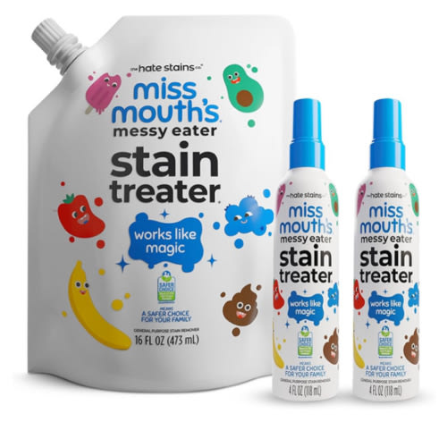 Miss Mouth’s Messy Eater Stain Treater Refill Ready Kit - 2 Pack Stain Remover Spray and 16oz Refill Pouch - Newborn & Baby Essentials - Food, Grease, Coffee Off Laundry, Underwear, Fabric