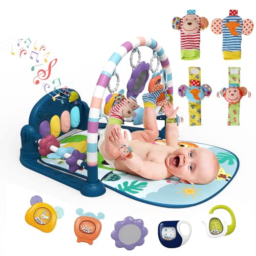 dearlomum Baby Play Mat Baby Gym,Funny Play Piano Tummy Time Baby Activity Mat with 5 Infant Sensory Baby Toys & 4 Wrist Rattle Socks, Boy & Girl Gifts for Newborn Baby 0 to 3 6 9 12 Months(Blue)
