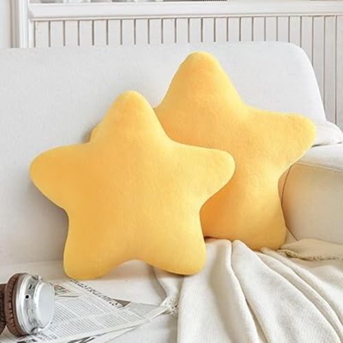 2 Pcs Yellow Star Pillow Plush Throw Cushion - Cute Aesthetic 3D Decorative Room Decor for Bedroom, Office, Sofa, Chair