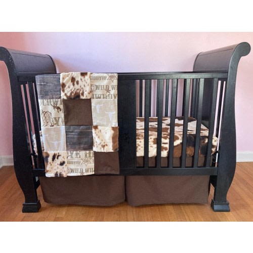 Cowboy Baby Boy Bedding in brown and tan with cowboy boots, barnwood, cow hide fabrics, baby boy crib bedding set, western, boys nursery