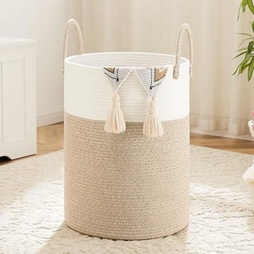 Laundry Basket,Woven Cotton Rope Laundry Hamper,60L for Decor Storage of Dirty Clothes,Toys and Blankets in Bathroom,Baby Room and Living Room