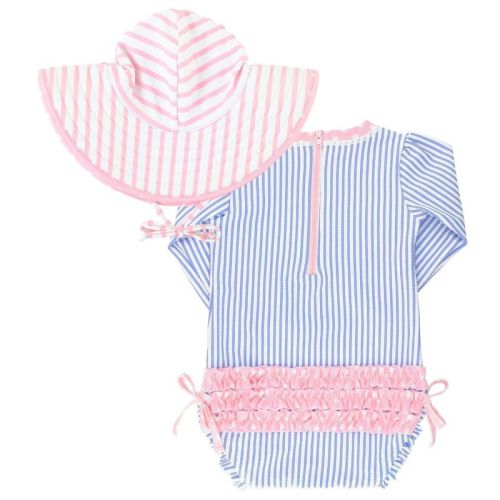 Rufflebutts Seersucker Long Sleeve Rash Guard One Piece & Hat Set - Periwinkle Blue, Size : 0-3 Months