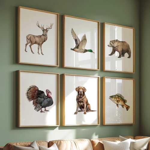 Set of 6 Hunting Nursery Prints, Mallard Duck, Chocolate Labrador Deer Bear Turkey Fish Wall Art, Hunting Dog Decor, Hunting Lover, Hunter,