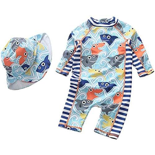 Baby Boys Kids Swimsuit Toddlers One Piece Zipper Swimwear with Hat Rash Guard Surfing Suit
