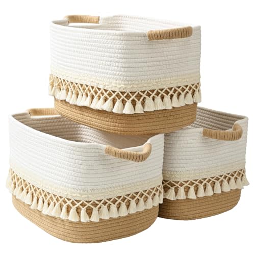 3 Pack Storage Basket for Shelves, Boho Cotton Rope Storage Bins with Heavy Tassel, Shelf Baskets Large Woven Baskets for Organizing, Cube Organizer Bins, Baby Laundry Basket for Clothes, Toys, Pets